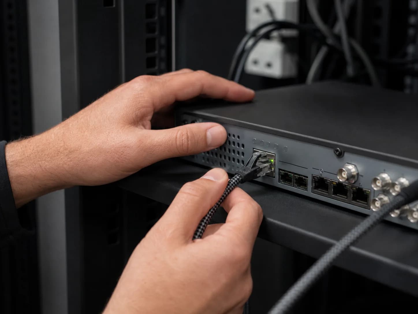 A technician connecting an existing camera recorder